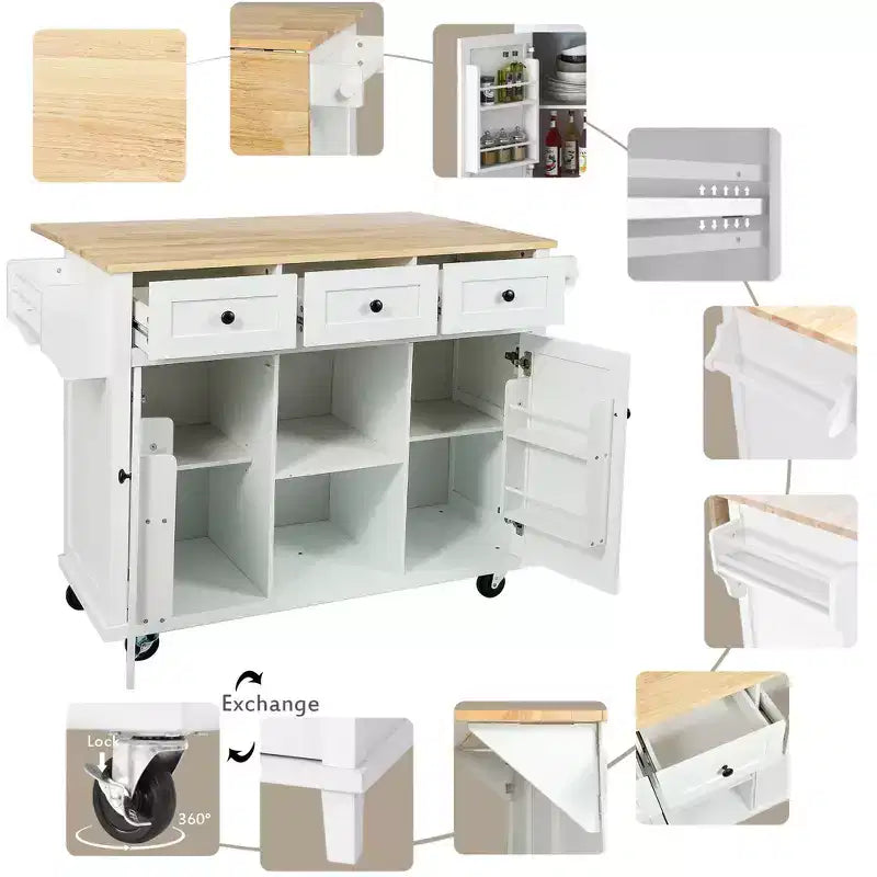 TUYOHW Îlot de Cuisine Roulant 135 cm avec Abattant, Armoire de Rangement et 3 Tiroirs