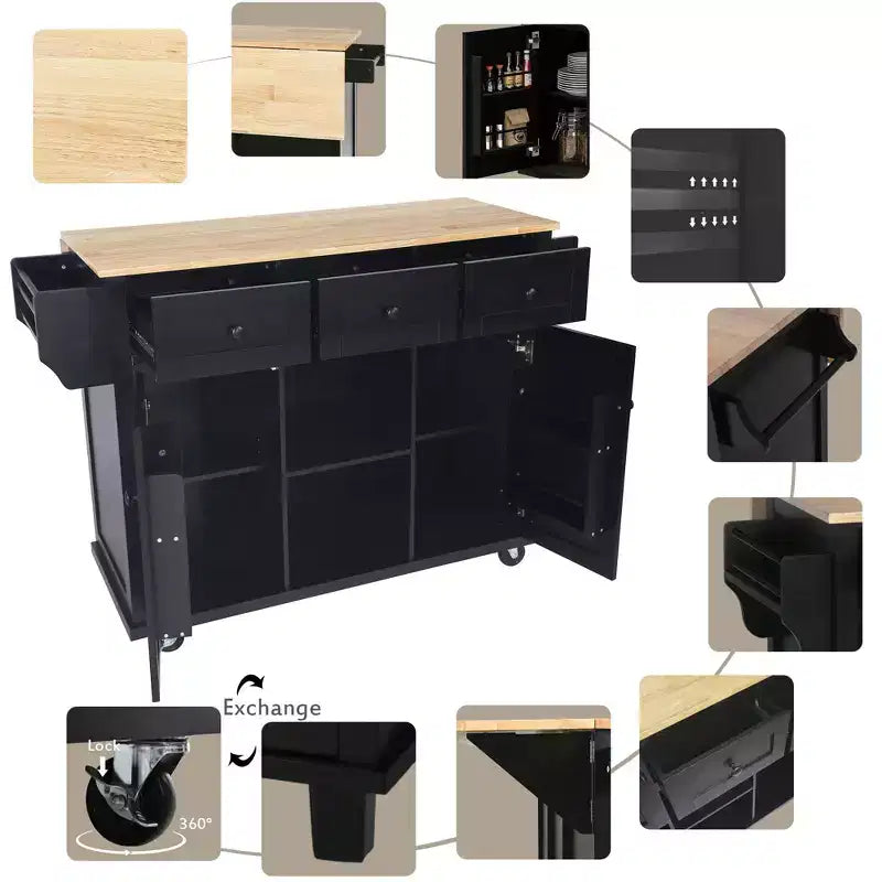 TUYOHW Îlot de Cuisine Roulant 135 cm avec Abattant, Armoire de Rangement et 3 Tiroirs
