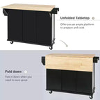TUYOHW Îlot de Cuisine Roulant 135 cm avec Abattant, Armoire de Rangement et 3 Tiroirs