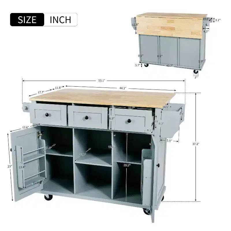 TUYOHW Îlot de Cuisine Roulant 135 cm avec Abattant, Armoire de Rangement et 3 Tiroirs