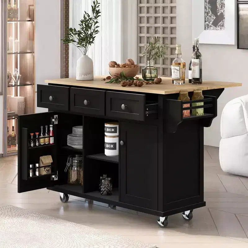 TUYOHW Îlot de Cuisine Roulant 135 cm avec Abattant, Armoire de Rangement et 3 Tiroirs
