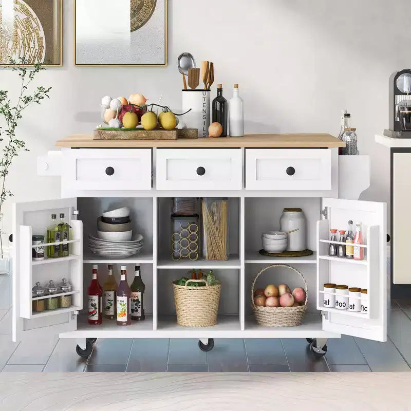 TUYOHW Îlot de Cuisine Roulant 135 cm avec Abattant, Armoire de Rangement et 3 Tiroirs