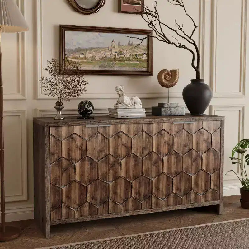 TUYOHW Armoire d'appoint en bois, Buffet à motif hexagonal avec étagères réglables, Desserte de rangement pour salon, entrée, cuisine, salle à manger
