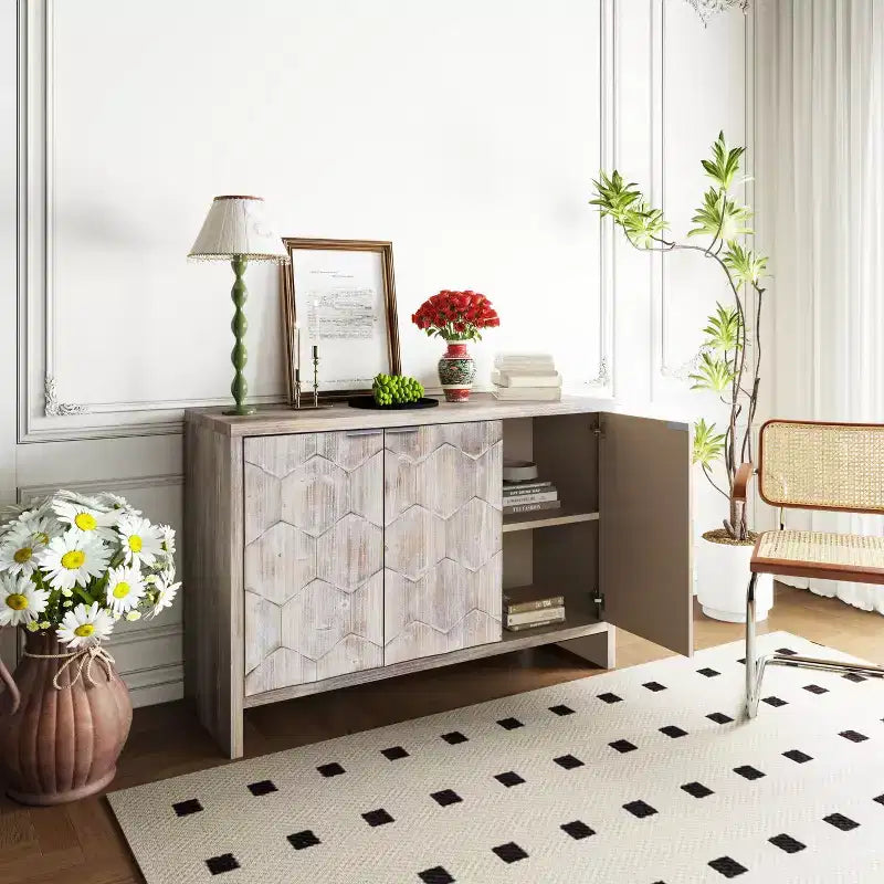 TUYOHW Armoire d'appoint en bois, Buffet à motif hexagonal avec étagères réglables, Desserte de rangement pour salon, entrée, cuisine, salle à manger