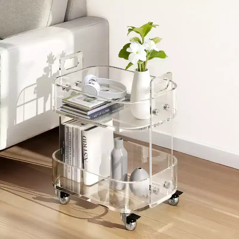 VEVOR Table en acrylique avec roulettes, Chariot de service mobile à 2 niveaux, Table de rangement moderne en acrylique roulante, Table de chevet latérale transparente, 30,5 x 41,4 x 48 cm, Transparent
