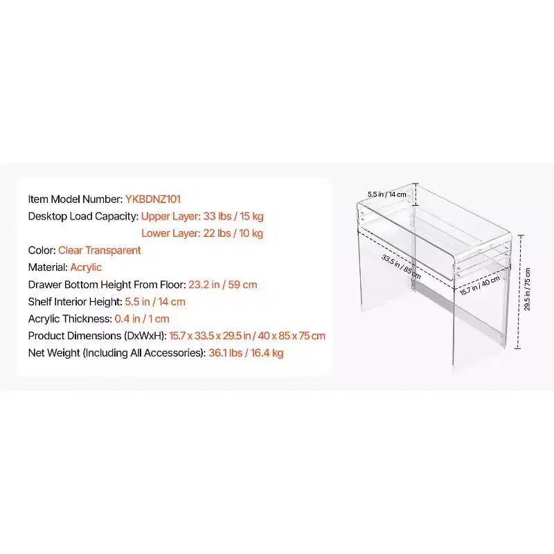 Table en acrylique VEVOR, table d'appoint transparente à 2 niveaux avec étagère de rangement, bureau latéral rectangulaire moderne en acrylique, table de chevet épaisse, 40 x 85 x 75 cm, transparente