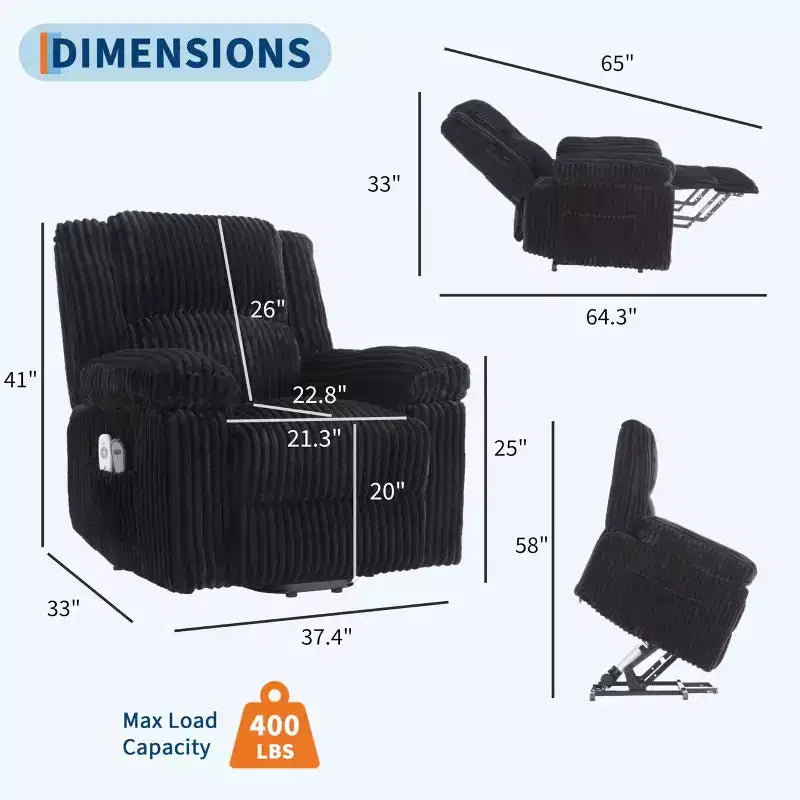 Canapé inclinable, fauteuil releveur inclinable avec chauffage et massage - Siège rembourré moelleux avec soutien dorsal et accoudoirs, conçu pour les personnes âgées et à mobilité réduite.