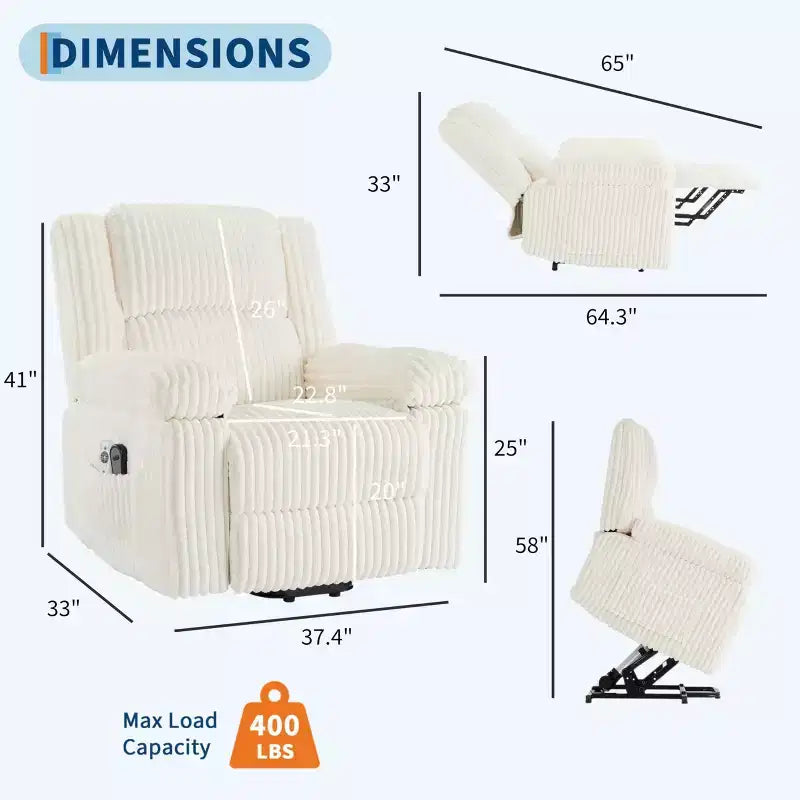 Canapé inclinable, fauteuil releveur inclinable avec chauffage et massage - Siège rembourré moelleux avec soutien dorsal et accoudoirs, conçu pour les personnes âgées et à mobilité réduite.