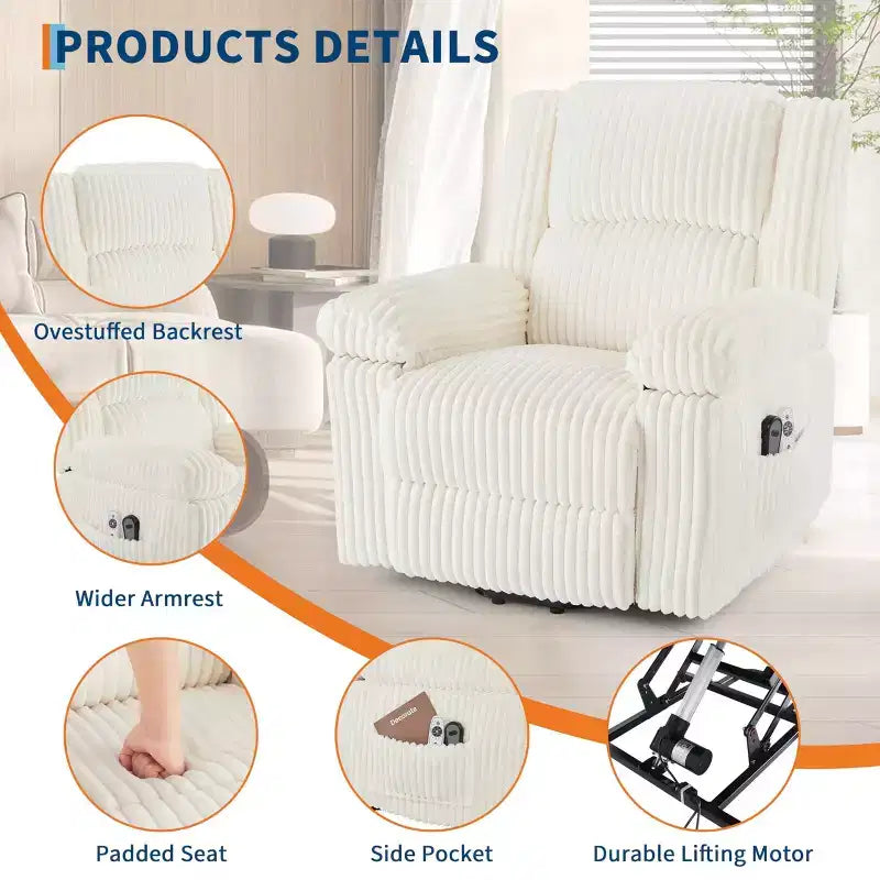 Canapé inclinable, fauteuil releveur inclinable avec chauffage et massage - Siège rembourré moelleux avec soutien dorsal et accoudoirs, conçu pour les personnes âgées et à mobilité réduite.