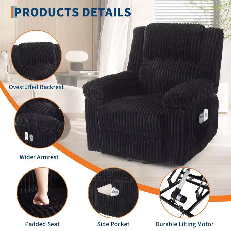Canapé inclinable, fauteuil releveur inclinable avec chauffage et massage - Siège rembourré moelleux avec soutien dorsal et accoudoirs, conçu pour les personnes âgées et à mobilité réduite.