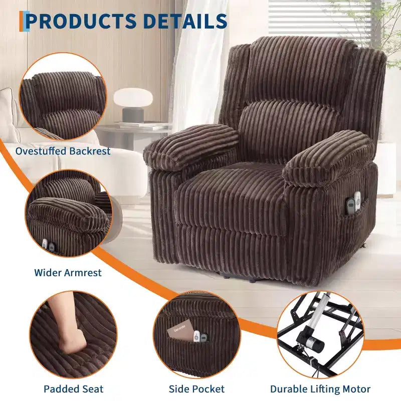 Canapé inclinable, fauteuil releveur inclinable avec chauffage et massage - Siège rembourré moelleux avec soutien dorsal et accoudoirs, conçu pour les personnes âgées et à mobilité réduite.
