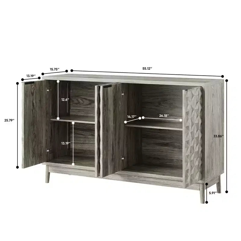 TUYOHW Buffet gris, buffet de rangement avec 4 portes à relief diamant, étagères réglables, armoire pour salon, salle à manger, cuisine, entrée