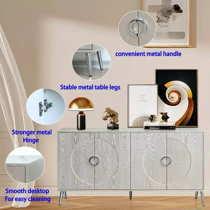 TUYOHW Buffet 4 Portes Laqué en Bois, Meuble de Rangement avec Boutons Dorés, Étagères Réglables, Console pour Salon, Salle à Manger
