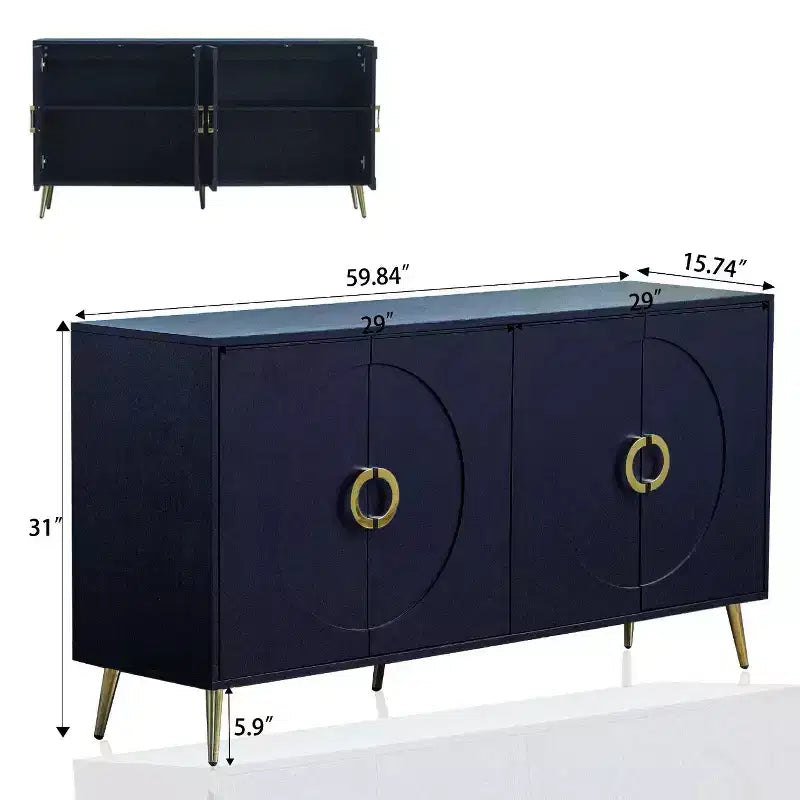 TUYOHW Buffet 4 Portes Laqué en Bois, Meuble de Rangement avec Boutons Dorés, Étagères Réglables, Console pour Salon, Salle à Manger