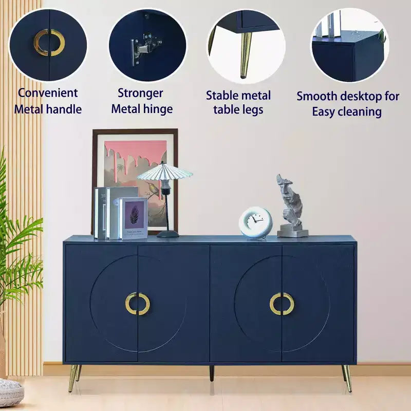 TUYOHW Buffet 4 Portes Laqué en Bois, Meuble de Rangement avec Boutons Dorés, Étagères Réglables, Console pour Salon, Salle à Manger