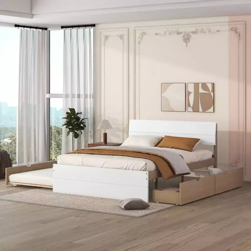Lit plateforme Bellemave avec tiroirs, Cadre de lit plateforme en bois massif avec tête et pied de lit pour chambre à coucher