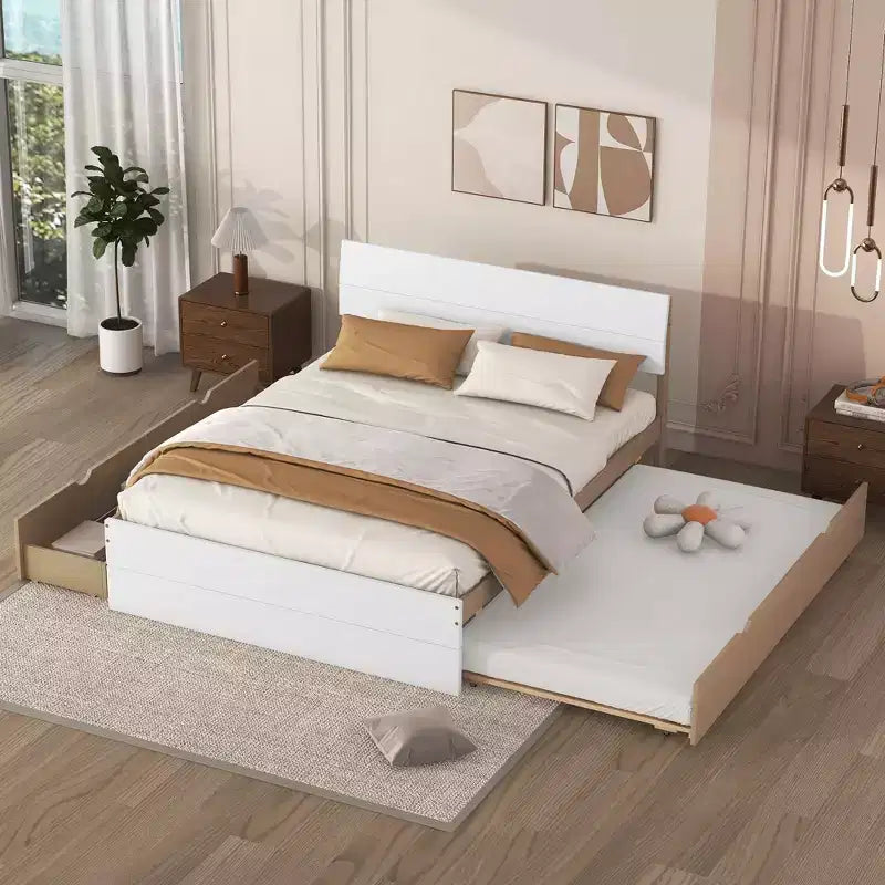 Lit plateforme Bellemave avec tiroirs, Cadre de lit plateforme en bois massif avec tête et pied de lit pour chambre à coucher