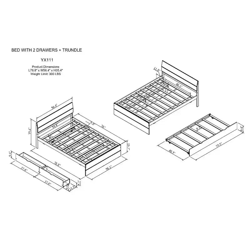 Lit plateforme Bellemave avec tiroirs, Cadre de lit plateforme en bois massif avec tête et pied de lit pour chambre à coucher