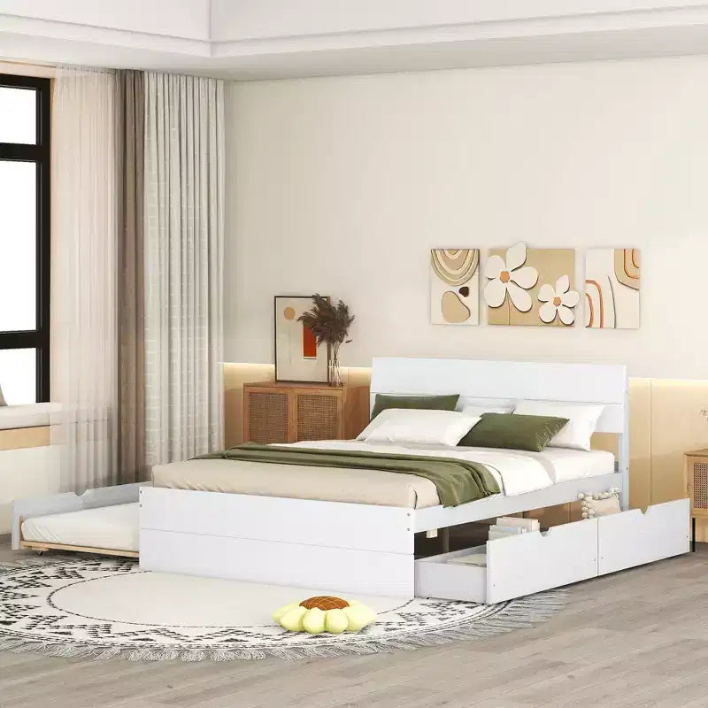 Lit plateforme Bellemave avec tiroirs, Cadre de lit plateforme en bois massif avec tête et pied de lit pour chambre à coucher