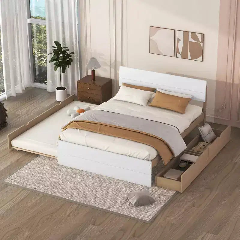 Lit plateforme Bellemave avec tiroirs, Cadre de lit plateforme en bois massif avec tête et pied de lit pour chambre à coucher
