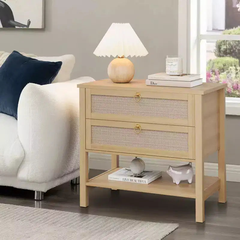 Lot de 2 tables de chevet en rotin, table de chevet bohème avec 2 tiroirs et étagère de rangement, table de chevet de ferme moderne, tables d'appoint pour salon, chambre à coucher