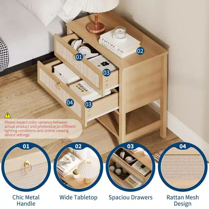 Lot de 2 tables de chevet en rotin, table de chevet bohème avec 2 tiroirs et étagère de rangement, table de chevet de ferme moderne, tables d'appoint pour salon, chambre à coucher