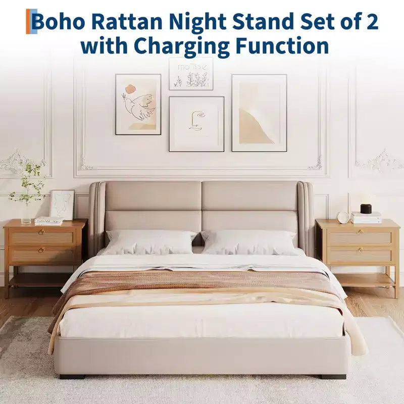 Lot de 2 tables de chevet en rotin, table de chevet bohème avec 2 tiroirs et étagère de rangement, table de chevet de ferme moderne, tables d'appoint pour salon, chambre à coucher