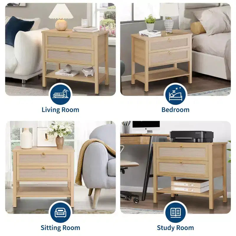 Lot de 2 tables de chevet en rotin, table de chevet bohème avec 2 tiroirs et étagère de rangement, table de chevet de ferme moderne, tables d'appoint pour salon, chambre à coucher