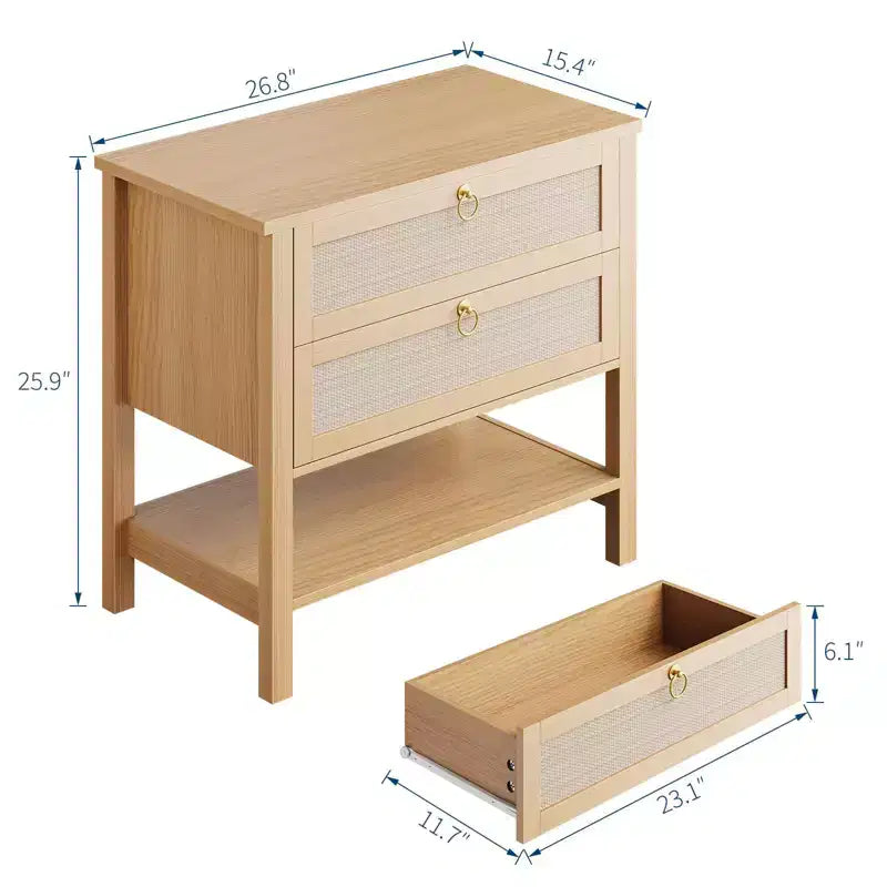 Lot de 2 tables de chevet en rotin, table de chevet bohème avec 2 tiroirs et étagère de rangement, table de chevet de ferme moderne, tables d'appoint pour salon, chambre à coucher