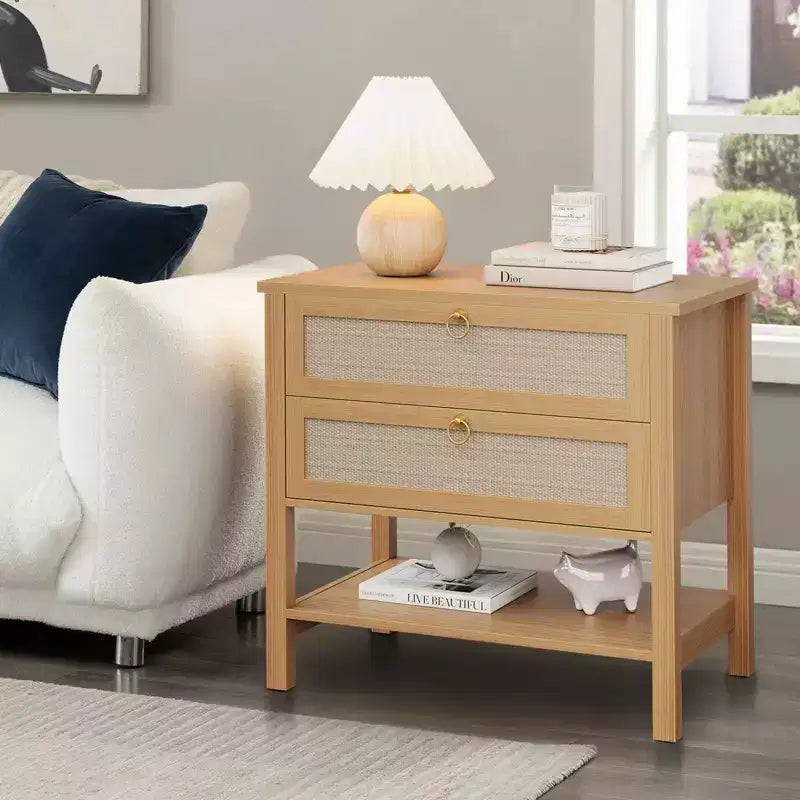 Lot de 2 tables de chevet en rotin, table de chevet bohème avec 2 tiroirs et étagère de rangement, table de chevet de ferme moderne, tables d'appoint pour salon, chambre à coucher
