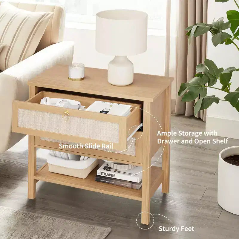 Lot de 2 tables de chevet en rotin, table de chevet bohème avec 2 tiroirs et étagère de rangement, table de chevet de ferme moderne, tables d'appoint pour salon, chambre à coucher