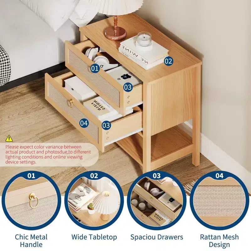 Lot de 2 tables de chevet en rotin, table de chevet bohème avec 2 tiroirs et étagère de rangement, table de chevet de ferme moderne, tables d'appoint pour salon, chambre à coucher