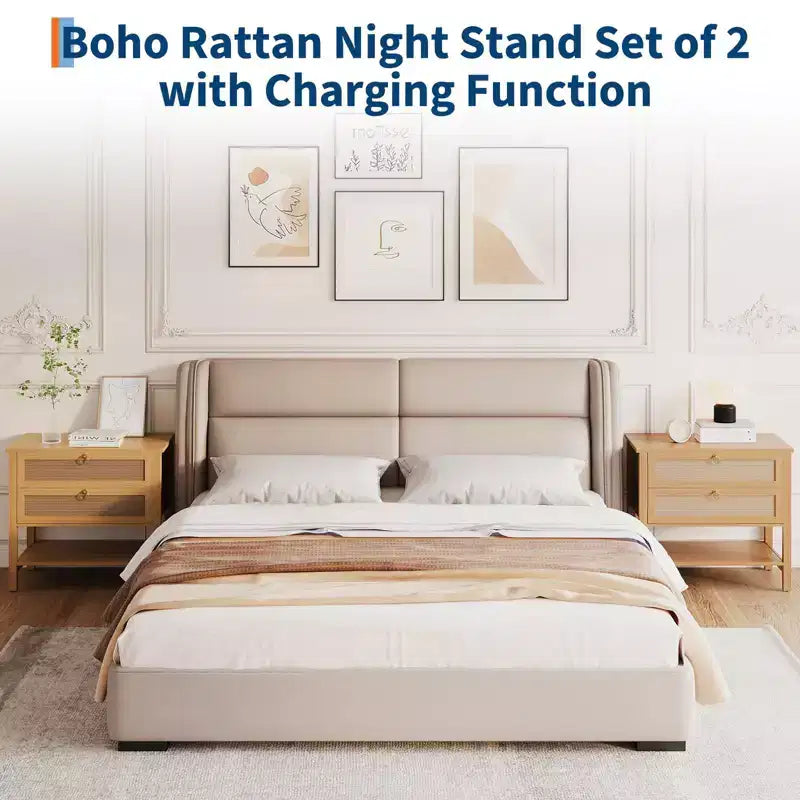 Lot de 2 tables de chevet en rotin, table de chevet bohème avec 2 tiroirs et étagère de rangement, table de chevet de ferme moderne, tables d'appoint pour salon, chambre à coucher