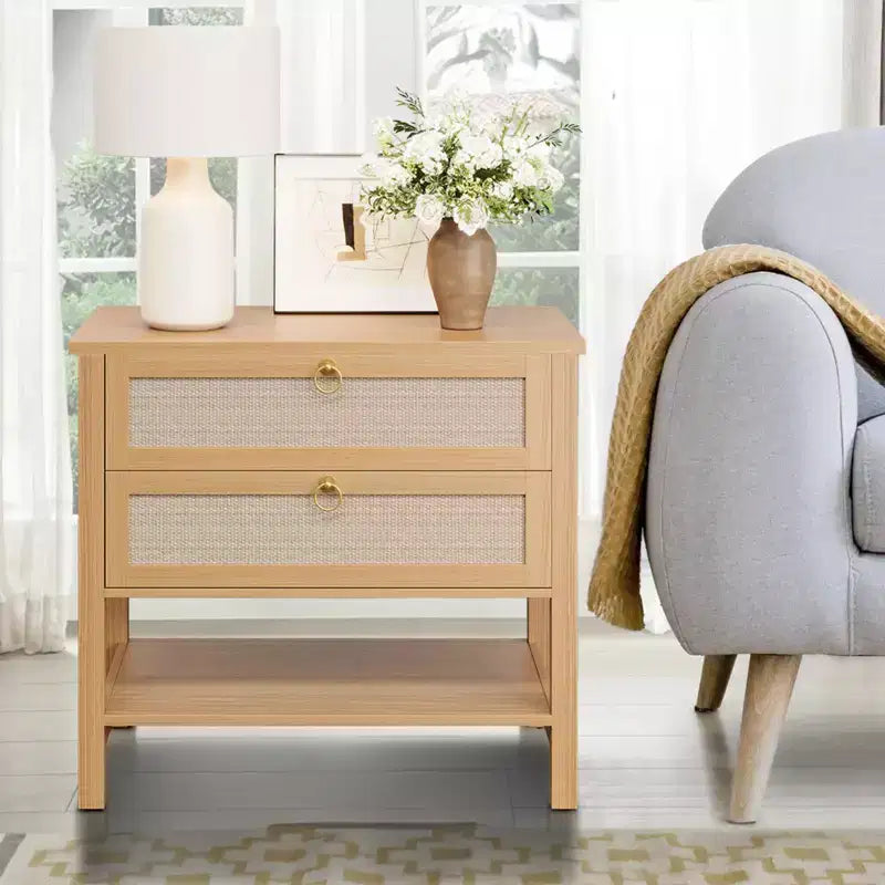 Lot de 2 tables de chevet en rotin, table de chevet bohème avec 2 tiroirs et étagère de rangement, table de chevet de ferme moderne, tables d'appoint pour salon, chambre à coucher