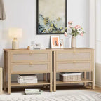 Lot de 2 tables de chevet en rotin, table de chevet bohème avec 2 tiroirs et étagère de rangement, table de chevet de ferme moderne, tables d'appoint pour salon, chambre à coucher