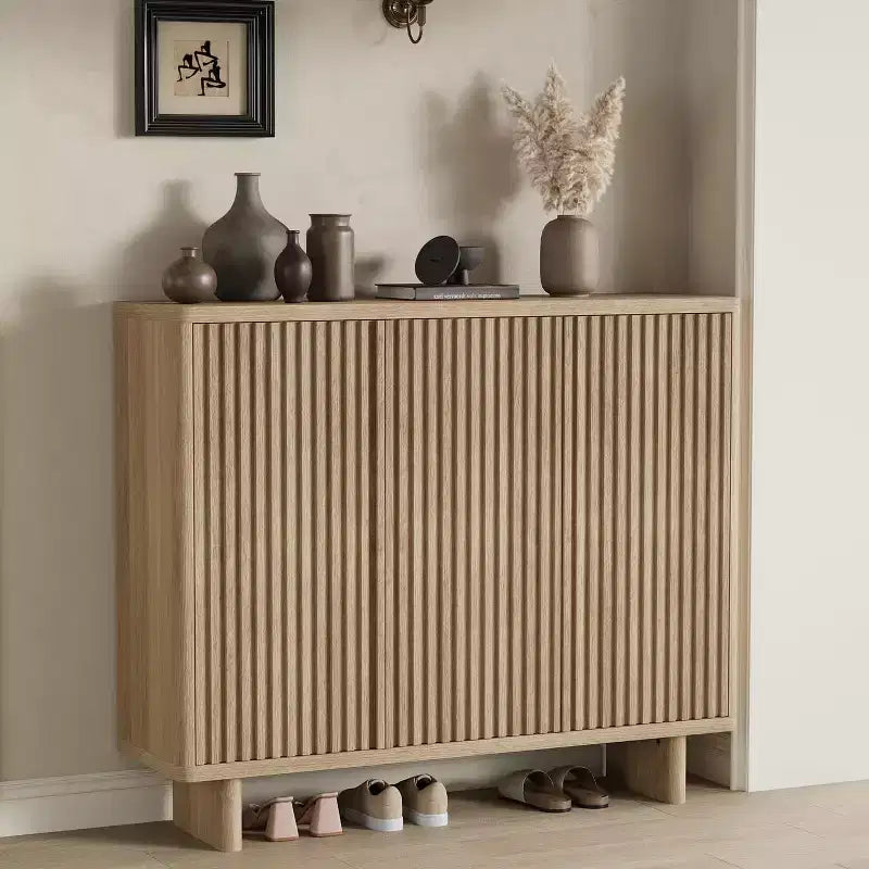 Meuble à chaussures de 117 cm avec porte cannelée, rangement à 5 niveaux avec 4 étagères réglables, banc à chaussures rustique pour entrée, couloir, salon