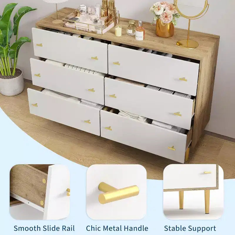 Commode à 6 tiroirs pour chambre à coucher, commode rustique en bois de 120 cm de large avec poignées-barres, commodes de rangement pour chambre à coucher, salon, couloir