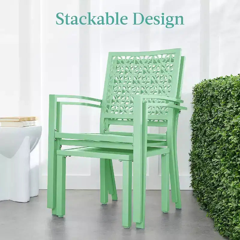 Ensemble bistrot extérieur empilable 3 pièces table et 2 chaises, meubles modernes en fer forgé avec dossier festonné pour jardin ou véranda