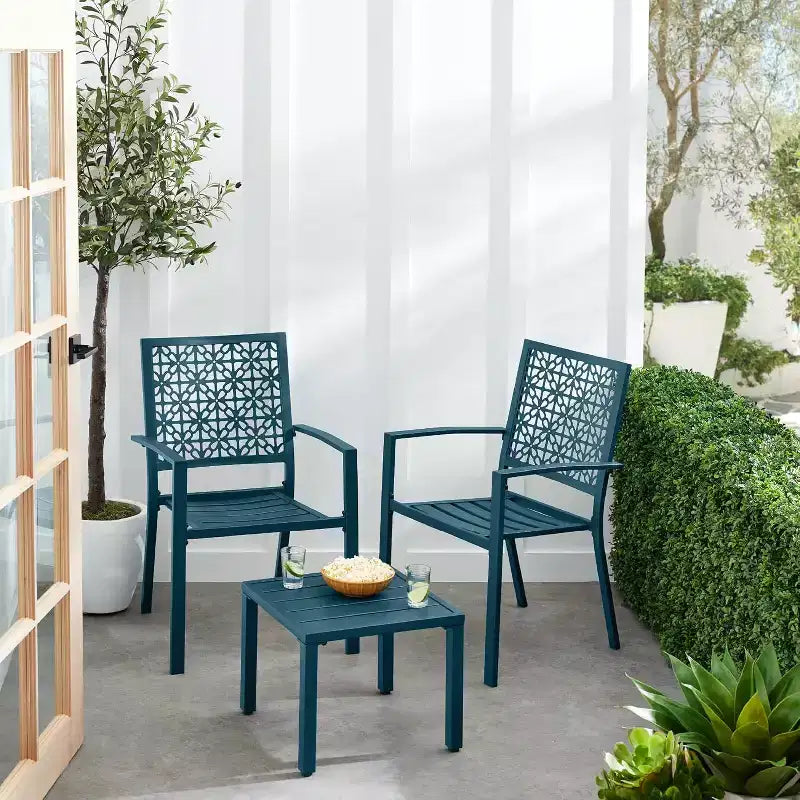 Ensemble bistrot extérieur empilable 3 pièces table et 2 chaises, meubles modernes en fer forgé avec dossier festonné pour jardin ou véranda