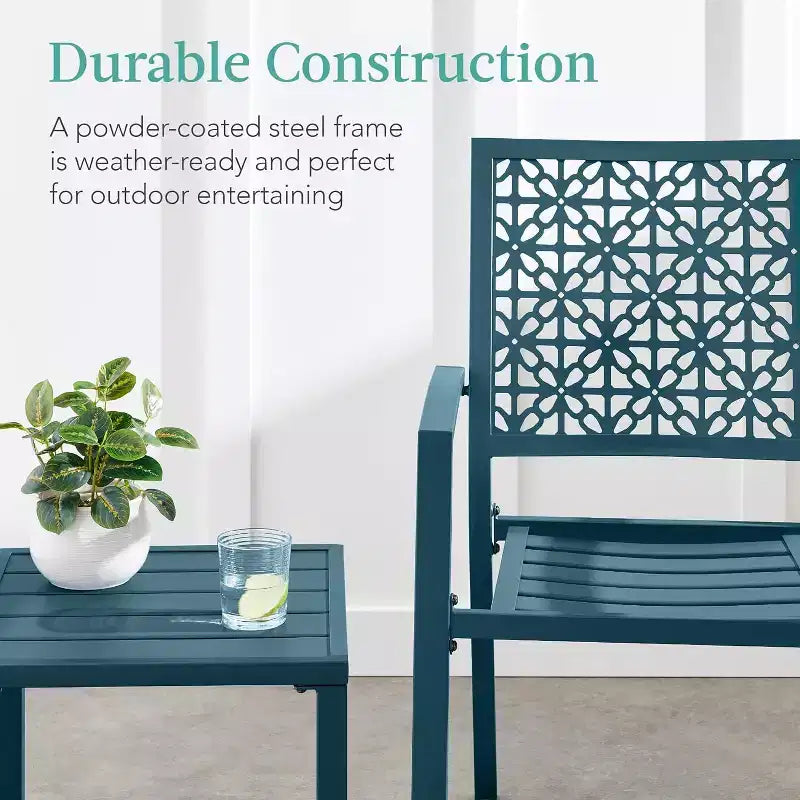 Ensemble bistrot extérieur empilable 3 pièces table et 2 chaises, meubles modernes en fer forgé avec dossier festonné pour jardin ou véranda