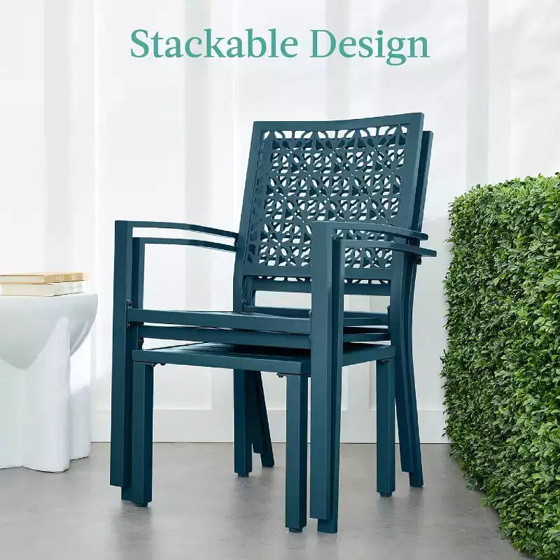 Ensemble bistrot extérieur empilable 3 pièces table et 2 chaises, meubles modernes en fer forgé avec dossier festonné pour jardin ou véranda