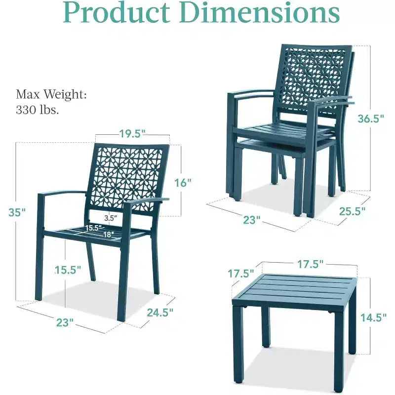 Ensemble bistrot extérieur empilable 3 pièces table et 2 chaises, meubles modernes en fer forgé avec dossier festonné pour jardin ou véranda