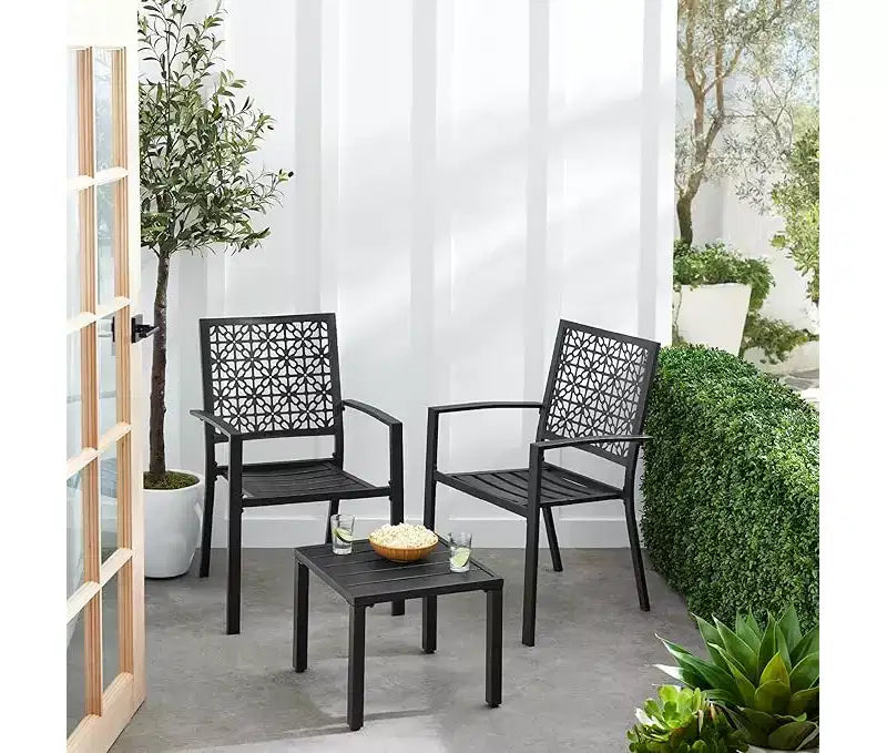 Ensemble bistrot extérieur empilable 3 pièces table et 2 chaises, meubles modernes en fer forgé avec dossier festonné pour jardin ou véranda
