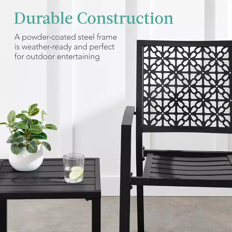 Ensemble bistrot extérieur empilable 3 pièces table et 2 chaises, meubles modernes en fer forgé avec dossier festonné pour jardin ou véranda