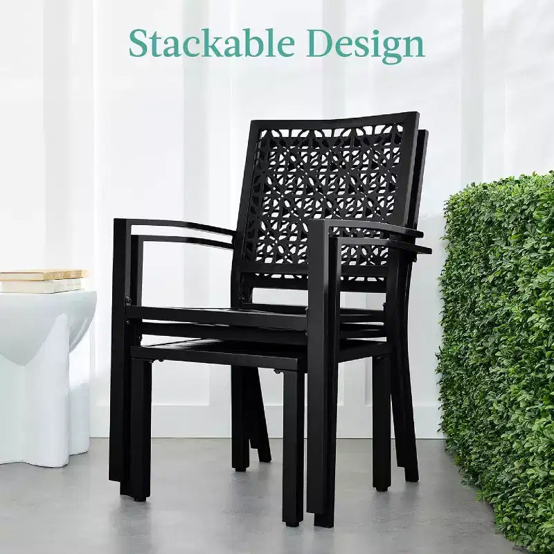 Ensemble bistrot extérieur empilable 3 pièces table et 2 chaises, meubles modernes en fer forgé avec dossier festonné pour jardin ou véranda