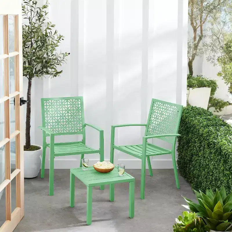 Ensemble bistrot extérieur empilable 3 pièces table et 2 chaises, meubles modernes en fer forgé avec dossier festonné pour jardin ou véranda