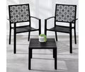 Stackable Outdoor Bistro Set 3 Piece Patio Table and 2 Chairs, Modern Wrought Iron Furniture with Scalloped Back for Porch Garden