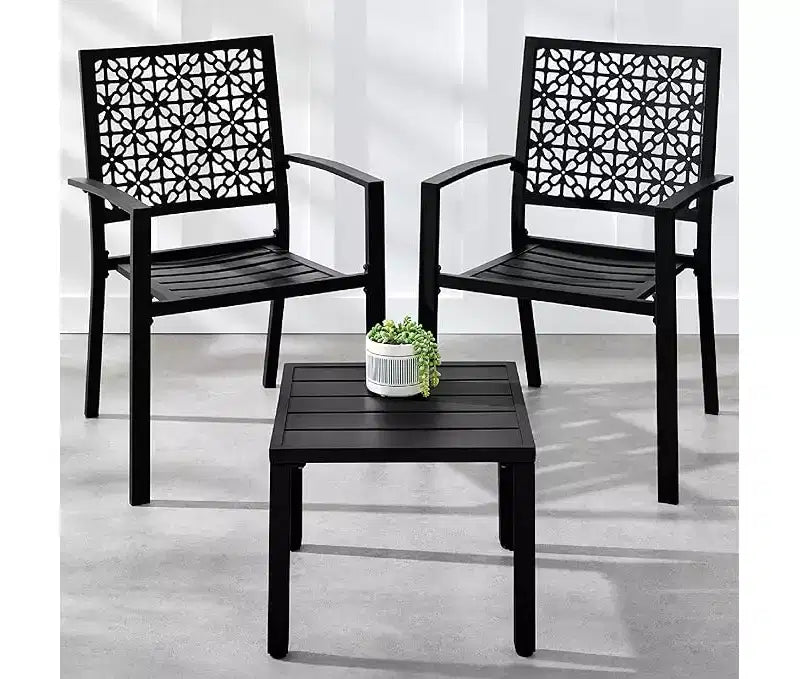 Stackable Outdoor Bistro Set 3 Piece Patio Table and 2 Chairs, Modern Wrought Iron Furniture with Scalloped Back for Porch Garden