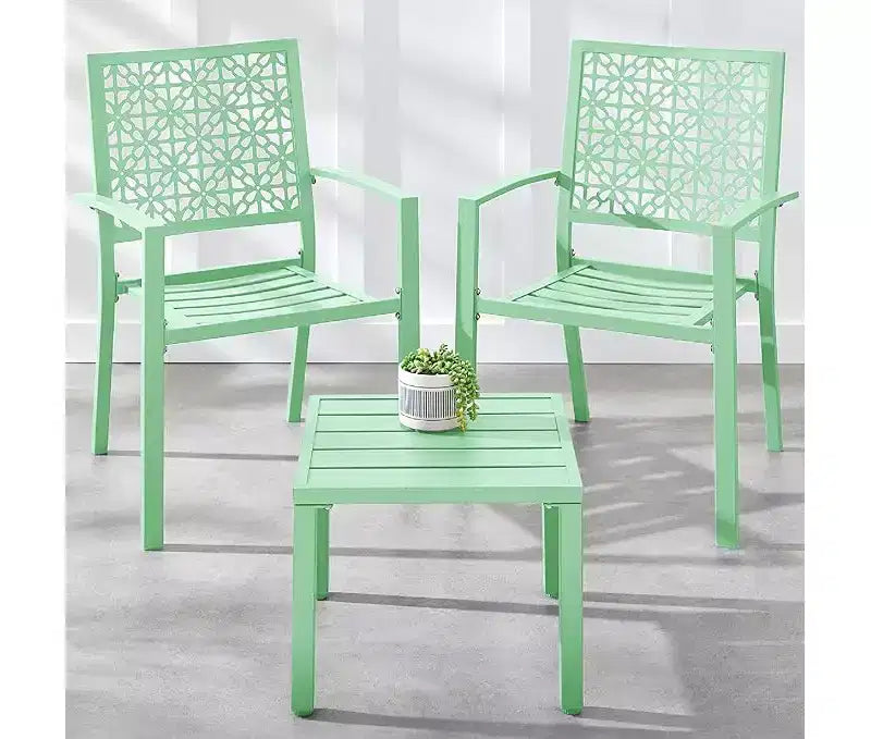 Ensemble bistrot extérieur empilable 3 pièces table et 2 chaises, meubles modernes en fer forgé avec dossier festonné pour jardin ou véranda
