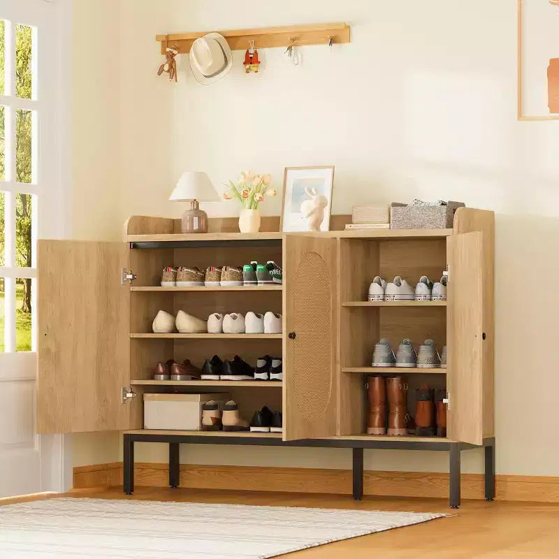 Armoire en rotin à 3 portes, organisateur de rangement pour chaussures avec étagères réglables, armoire de rangement 7 niveaux non encastrée pour entrée, couloir, salon